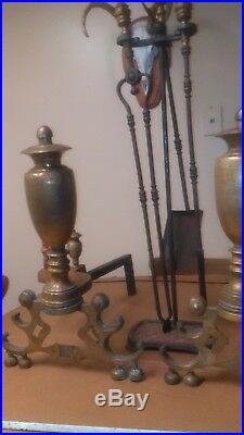 Vintage Chinese Chippendale Hand Forged Brass Urn Andirons & Fireplace Tools Set