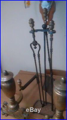 Vintage Chinese Chippendale Hand Forged Brass Urn Andirons & Fireplace Tools Set