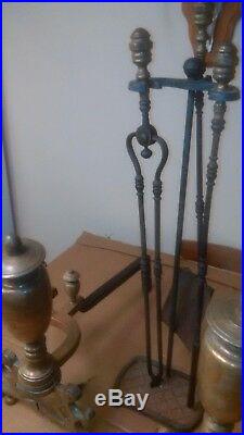 Vintage Chinese Chippendale Hand Forged Brass Urn Andirons & Fireplace Tools Set