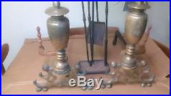 Vintage Chinese Chippendale Hand Forged Brass Urn Andirons & Fireplace Tools Set