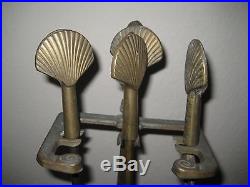 Vintage Clam Shell Handle / Brass-Gold Tone Metal / 5 Piece Fireplace Tools Set