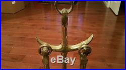 Vintage Classic Anchor Fireplace Andirons and tool set Cast Brass Old Patina