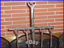 Vintage Custom Hand Forged Fireplace Tool Set 4 Piece Rustic Heart Brass Bell