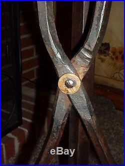Vintage Custom Hand Forged Fireplace Tool Set 4 Piece Rustic Heart Brass Bell