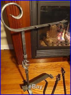 Vintage Custom Hand Forged Fireplace Tool Set 4 Piece and Log Holder (Austria)