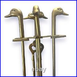 Vintage Duck Head Brass Complete Fireplace Set Of 4 Tools & Brass Base -Clean