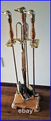 Vintage Duck Head Brass Fireplace 4 Tools with Base 5 pc Set
