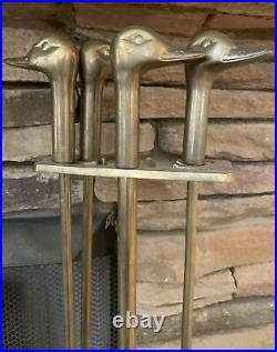 Vintage Duck Head Brass Fireplace Set 3 Tools with Brass Base MCM mid century