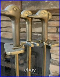 Vintage Duck Head Brass Fireplace Set 3 Tools with Brass Base MCM mid century