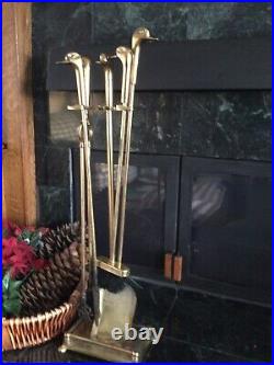 Vintage Duck Head Brass Fireplace Set 4 Tools with Brass Base -Art Deco Design