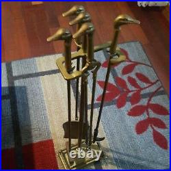 Vintage Duck Head Brass Fireplace Set 4 Tools with Brass Base MCM