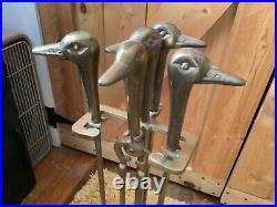 Vintage Duck Head Brass Fireplace Set 4 Tools with Brass Base MCM mid century