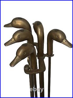 Vintage Duck Head Brass Fireplace Tools Holder & Stand 4 Piece W Fire Poker