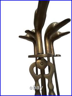 Vintage Duck Head Brass Fireplace Tools Holder & Stand 4 Piece W Fire Poker