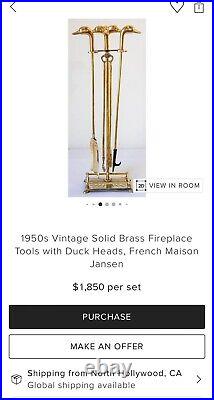 Vintage Duck Head Brass Fireplace Tools Holder & Stand 4 Piece W Fire Poker