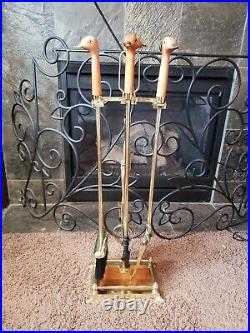 Vintage Duck Head Wood & Brass Fireplace Poker Set 4 Tools with Wood/ Brass Base