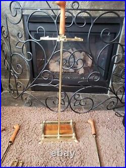 Vintage Duck Head Wood & Brass Fireplace Poker Set 4 Tools with Wood/ Brass Base