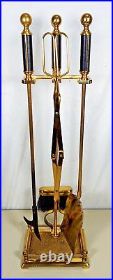 Vintage Elegant Brass & Black Leather Handle Fireplace Tool Set 4 Piece + Stand