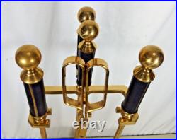 Vintage Elegant Brass & Black Leather Handle Fireplace Tool Set 4 Piece + Stand