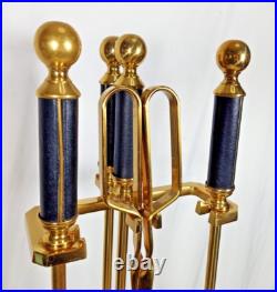 Vintage Elegant Brass & Black Leather Handle Fireplace Tool Set 4 Piece + Stand