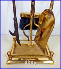 Vintage Elegant Brass & Black Leather Handle Fireplace Tool Set 4 Piece + Stand