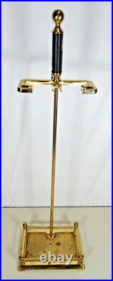 Vintage Elegant Brass & Black Leather Handle Fireplace Tool Set 4 Piece + Stand