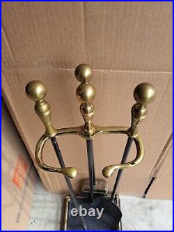 Vintage Elegant Ornate Shiny Brass Fireplace Tool Set 3 Piece + Stand