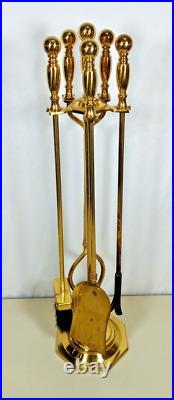 Vintage Elegant Ornate Shiny Brass Fireplace Tool Set 4 Piece + Stand