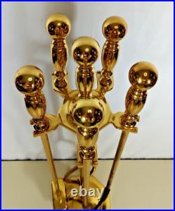 Vintage Elegant Ornate Shiny Brass Fireplace Tool Set 4 Piece + Stand