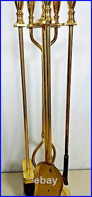 Vintage Elegant Ornate Shiny Brass Fireplace Tool Set 4 Piece + Stand