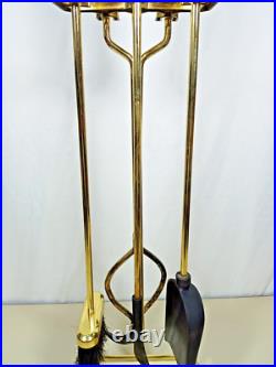 Vintage Elegant Ornate Shiny Brass Fireplace Tool Set 4 Piece + Stand 18 Lbs