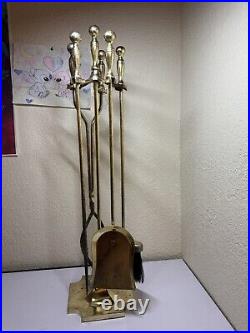 Vintage Elegant Ornate Shiny Brass Fireplace Tool Set 4 Piece + Stand Used