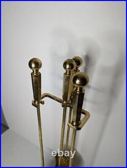 Vintage Elegant Shiny Brass Fireplace Tool Set 3 Piece Plus Stand Round Knob MCM