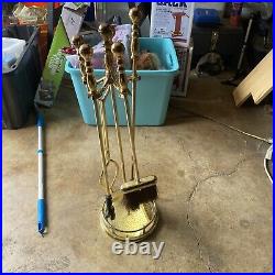 Vintage Elegant Shiny Brass Fireplace Tool Set 4 Piece + Stand, 31 Tall