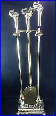 Vintage Elephant Handle Heavy Brass 4 Piece Fireplace Tools Set & Footed Stand