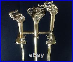 Vintage Elephant Handle Heavy Brass 4 Piece Fireplace Tools Set & Footed Stand