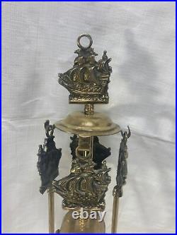 Vintage England Brass 4 Piece Fireplace Tool Set on Stand Mayflower Ship