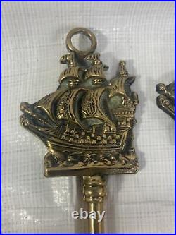 Vintage England Brass 4 Piece Fireplace Tool Set on Stand Mayflower Ship
