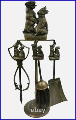 Vintage English Terrier Dog Fireplace Brass Tool Companion Set Made In England