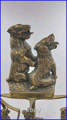 Vintage English Terrier Dog Fireplace Brass Tool Companion Set Made In England