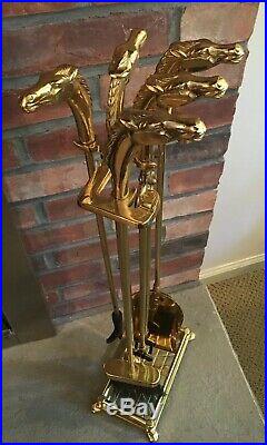 Vintage Equestrian Brass Horse Head 5 Piece Fireplace Tool Set 31 In Stand