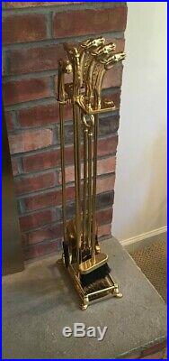 Vintage Equestrian Brass Horse Head 5 Piece Fireplace Tool Set 31 In Stand