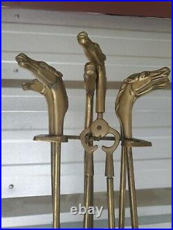 Vintage Equestrian Brass Horse Head 5 Piece Fireplace Tool Set 32 Stand