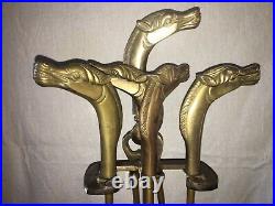 Vintage Equestrian Brass Horse Head 5 Piece Fireplace Tool Set 32 Stand