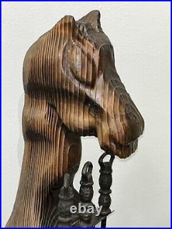 Vintage Equestrian Hand Carved Pine Horse Fireplace tool set Ranch Cabin Farm