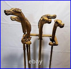 Vintage Equestrian Horse Head 5-piece Brass Fireplace Tool Set! Nice Petina