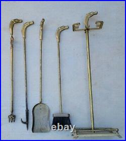 Vintage Equestrian Horse Head Brass Fireplace Tool Set