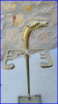 Vintage Equestrian Horse Head Brass Fireplace Tool Set