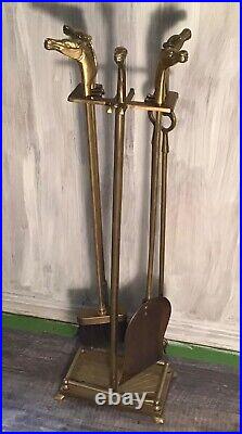 Vintage Equestrian Horse Head Brass Fireplace Tool Set 5 Pc very heavy