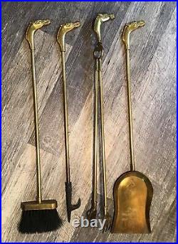 Vintage Equestrian Horse Head Brass Fireplace Tool Set 5 Pc very heavy